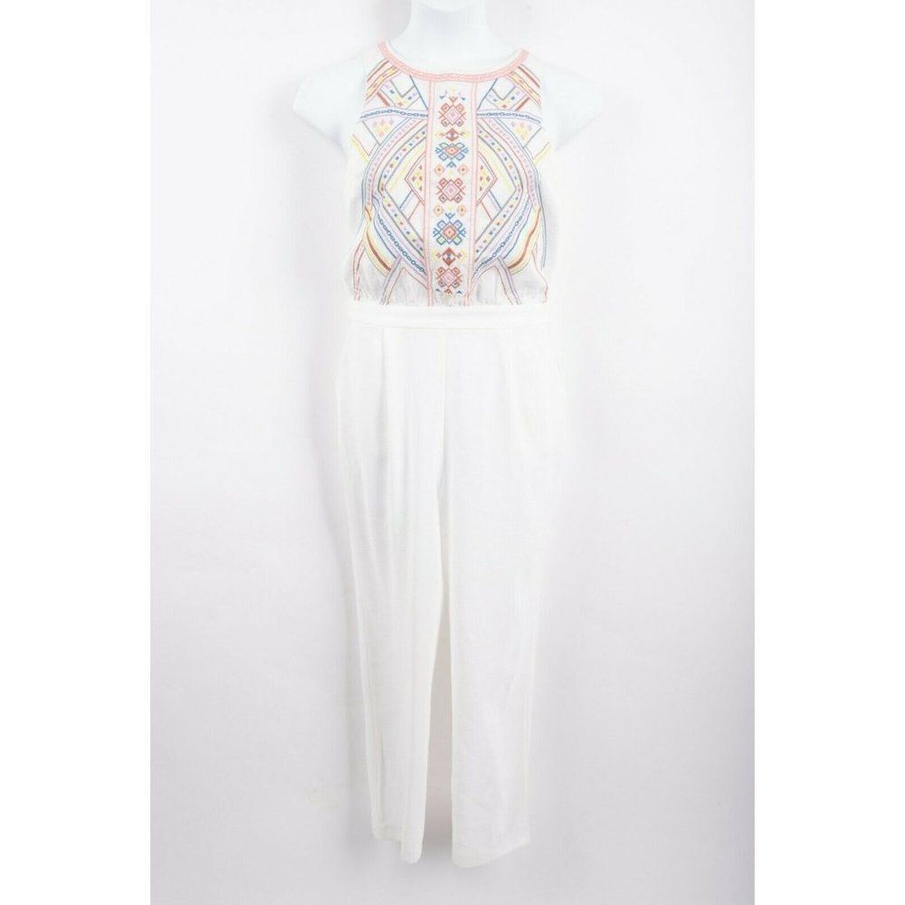 Champagne & Strawberry Anthropologie Womens Jumpsuit M White Aztec Embroidered